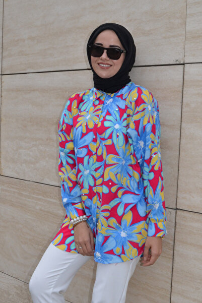 ASELA. قميص تونيك منقوش عليه زهور مرصع بالأحجار