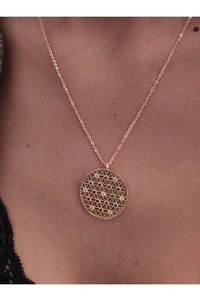 TÜKKAN ACCESSORİES Flower of Life Patterned Gold Necklace - Kol162
