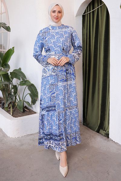 benguen 12006 Eye Age Patterned Viscose Dress Blue