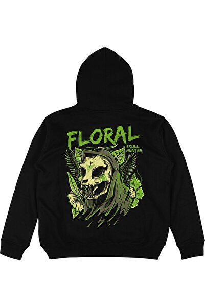Adrift Hanorac cu glugă unisex, negru, floral, supradimensionat