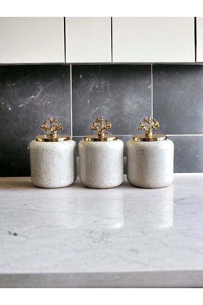 ferayhome Spice Bowl Large Set of 3 White Gold Marble Patterned - 1.4 Liter Volume