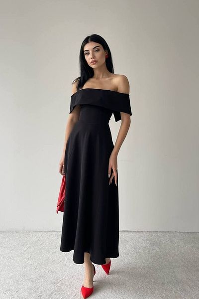 lovebox Dámské večerní šaty Atlas Fabric Madonna Collar Design černé Midi večerní šaty 222