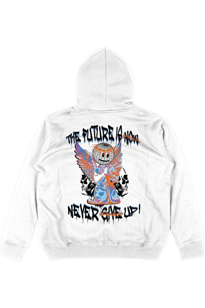 Adrift Μην τα παρατάτε ποτέ - Λευκό Oversize Unisex Φούτερ με Κουκούλα