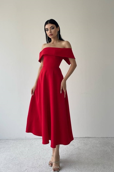 WOMAN VISION Női piros atlasz szövet Madonna gallérral kiszélesedő midi ruha 222