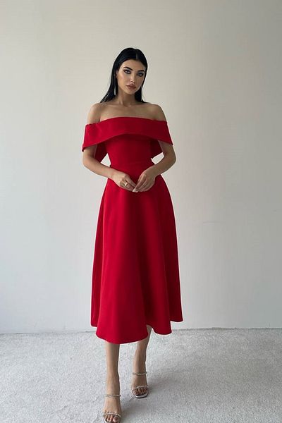 lovebox Червена миди вечерна рокля с дизайн на мадона с яка от атлас от плат 222