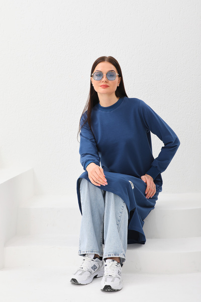 Elif Okur Indigo Long Hijab Sweatshirt Tunic - 110cm, Model 1200