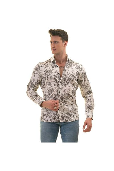 Exve Exclusive Cămașă pentru bărbați cu mânecă lungă, slim fit, cu trandafiri negri și albi