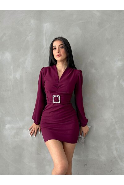 Esr Moda Kadın Mor Kemer Detaylı Uzun Kollu Kısa Mini Elbise Abiye Mezuniyet ...