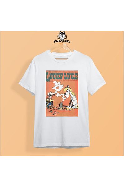 MarkaTurko Lucky Luke Printed White Special Design Βαμβακερό χτενισμένο μπλουζάκι Unisex 2405-b56