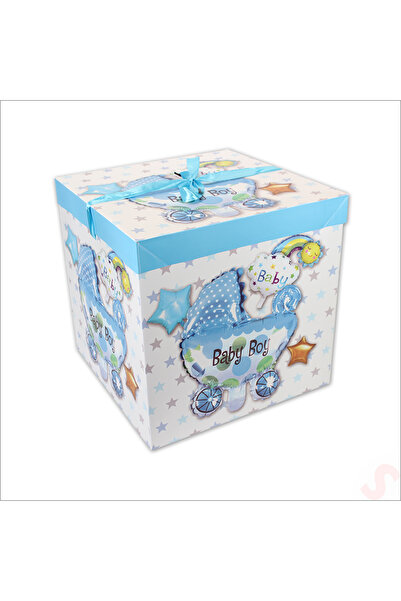 Süsle Baby Party Kapaklı, Katlanır Demonte Karton Kutu, 30cm - Puset & Mavi