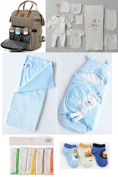 Necix's 6-Piece CUTE MONTHS BIRTH SET (10-Piece HOSPITAL EXIT, BABY BAG, SWADDLE, BLANKET, WIPES AND SOCKS SET)