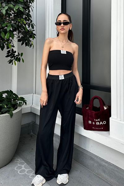 Nazliye Black Elastic Waist Draped Trousers