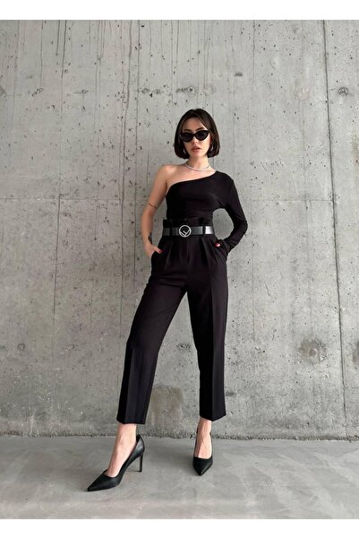 moschic Kemerli Yüksek Bel Siyah Atlas Kumaş Havuç Pantolon
