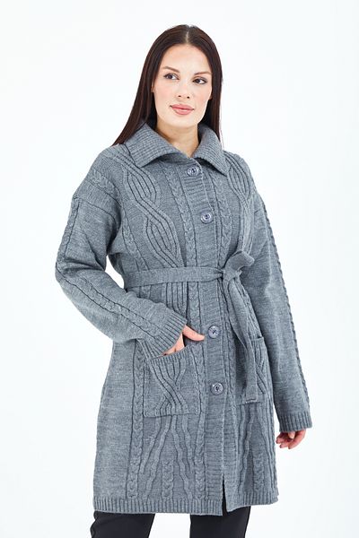 Stilmony Women's Gray Buttoned Pocket Belted Knitwear Wool Long Cardigan