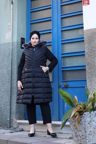 ECALAMODE Waterproof Hooded Hijab Matching Seasonal Women's Puffer Vest - Large Size