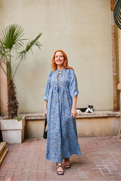 Sue Store Blue and White Front Tasseled V-Neck Dress