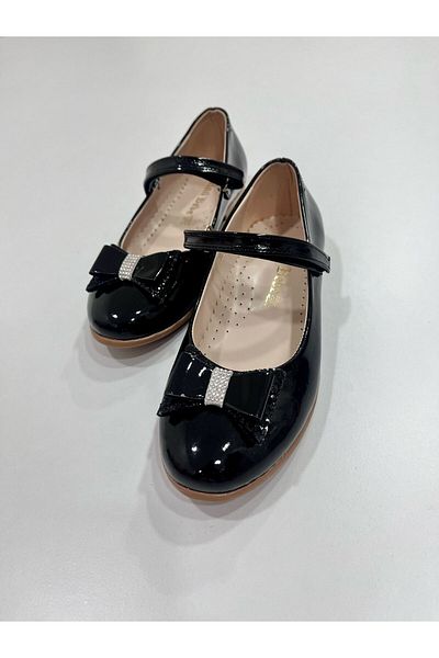 Esterella Girl's Stoned Siyak Ballerinas/Patent Leather Bow Stoned Velcro Girls' Ballerinas