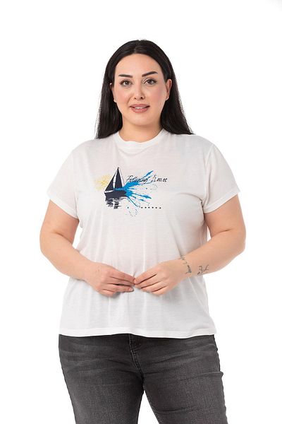 DISENTIS MODEST Tricou alb cu gât crew cu imprimeu Sailing de mărime mare