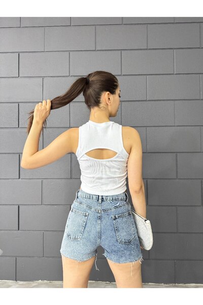 BİKELİFE Women's Corded Crew Neck Back Window Detailed Fitted/Fitted Crop Top Blouse