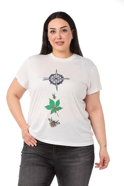 DISENTIS MODEST Tricou alb cu decolteu rotund cu imprimeu busolă de mărime mare
