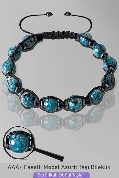 Tesbih Atölyesi Certified Macrame Blue Azurite Stone Bracelet - Adjustable