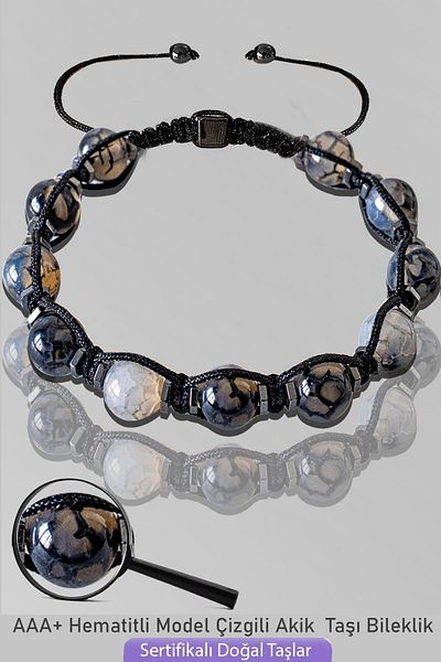 Tesbih Atölyesi Certified Macrame Striped Agate Stone Bracelet - Adjustable