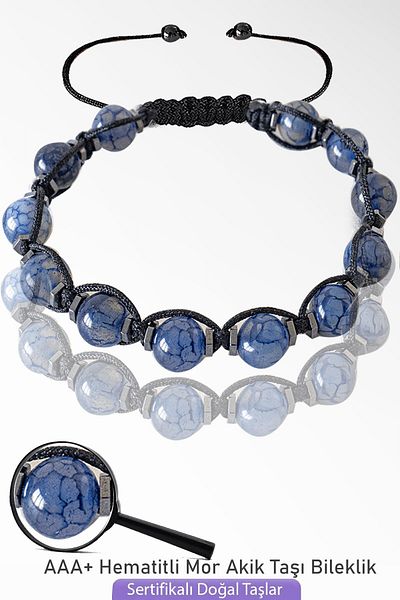 Tesbih Atölyesi Certified Macrame Purple Agate Stone Bracelet - Adjustable