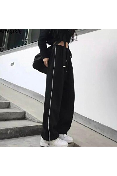 DENİKK بنطال رياضي أسود بتفاصيل سحاب من Harajuku