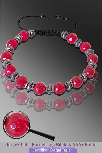 Tesbih Atölyesi Certified Silver Hematite Lal Garnet Stone Bracelet - Adjustable