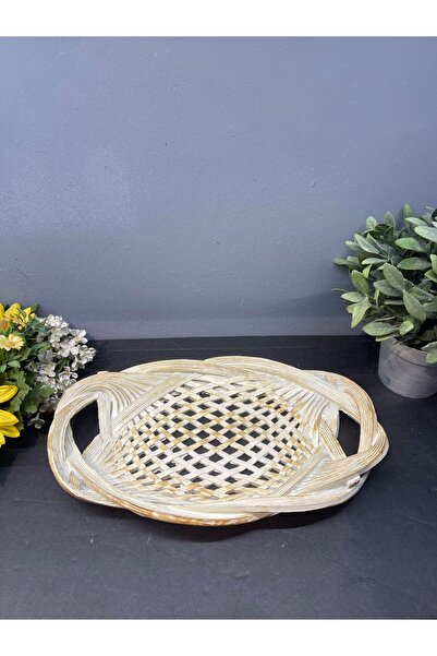 Peramari Dekoratif Polyester Tekli Hasır Sunumluk Tepsi Krem Gold Eskitme