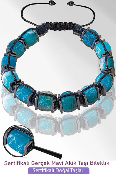 Tesbih Atölyesi Certified Cube Model Raw Natural Blue Agate Stone Bracelet - Adjustable