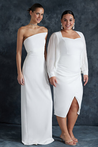 Trendyol Curve Rochie de mireasă cu mânecă lungă, albă, mărime Plus - TBBSS24AH00104