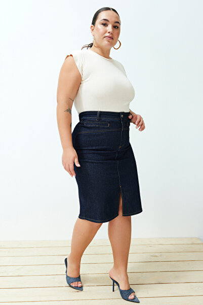 Trendyol Curve Fustă denim mini creion albastru închis TBBSS24AZ00026