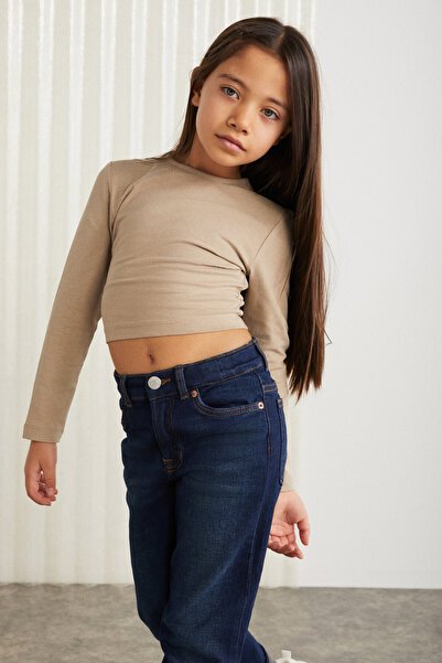 GRIMELANGE LILLY-GRM24017 95%pamuk 5%elastane uzun kollu  kız çocuk crop Bej Bluz