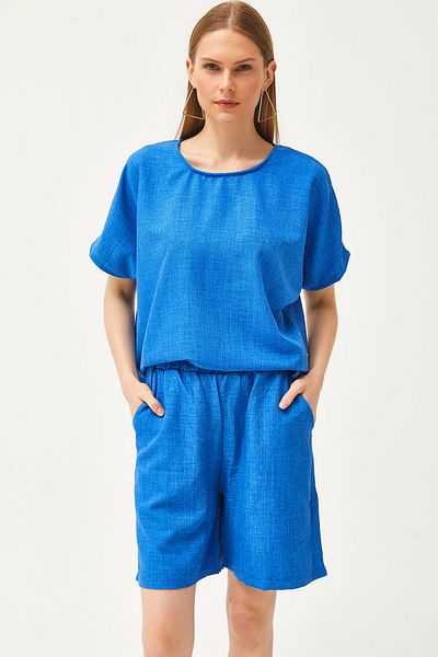 Olalook Women's Saks Blue Top Casual Blouse Bottom Pocket Shorts Linen Look Suit Tkm-19000268