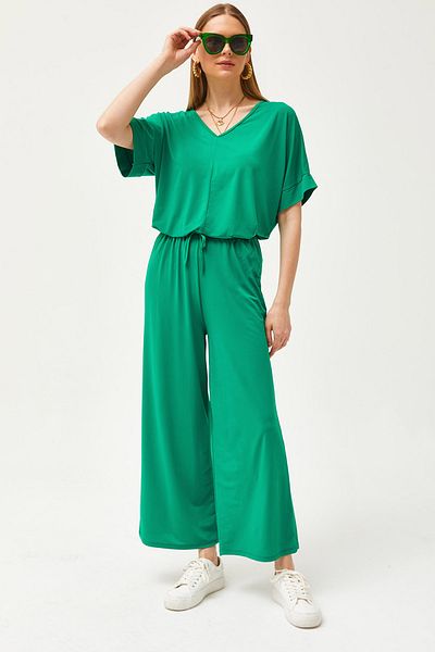 Olalook Grünes Oberteil, Bluse, Unterteil, Palazzo, lockeres Strick-Set für Damen, TKM-19000267