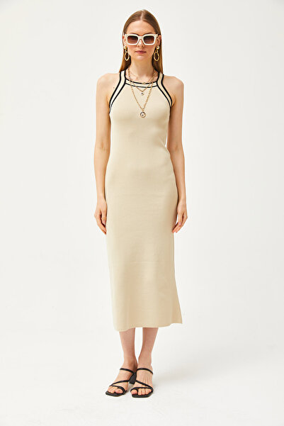 Olalook Γυναικείο πλεκτό φόρεμα Maxi γιακά με πέτρα ELB-19002070