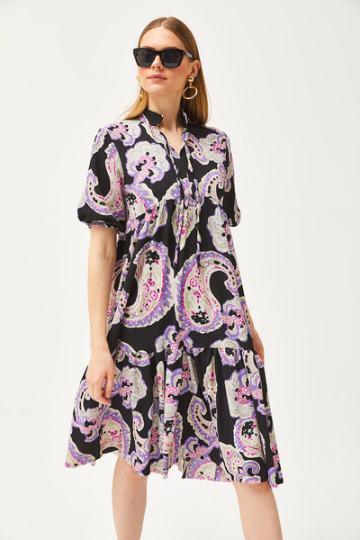 Olalook Women's Black Lace-up Collar Loose Dress ELB-19002073