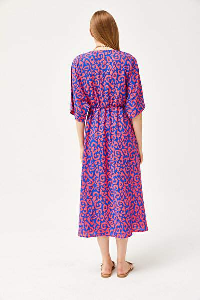 Olalook Kadın Saks Mavi Kruvaze Yaka Yarasa Beli Lastikli Dokuma Elbise ELB-19002084