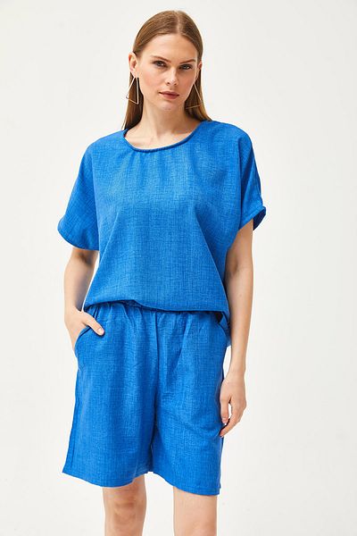 Olalook Women's Saks Blue Top Casual Blouse Bottom Pocket Shorts Linen Look Suit Tkm-19000268