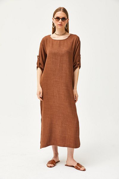 Olalook Women's Tan Pocket Slit Linen Casual Dress ELB-19002074