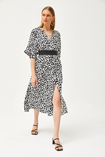 Olalook Dámské černé dvouřadé límečkové tkané šaty s pružným pasem ELB-19002084