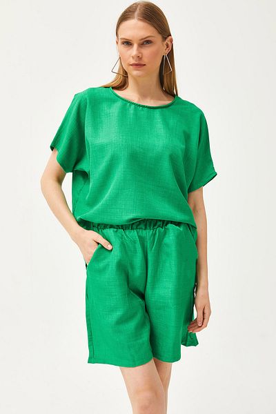Olalook Women's Grass Green Top Casual Blouse Bottom Pocket Shorts Linen Look Suit Tkm-19000268
