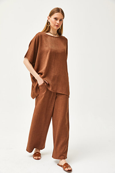 Olalook Női barna felső bő blúz alsó zsebbel Palazzo vászon készlet TKM-19000266