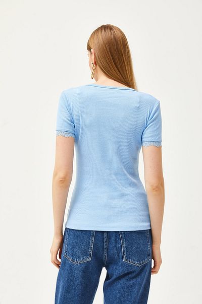 Olalook Γυναικεία Baby Blue μανίκια και φερμουάρ Δαντέλα Lycra Βαμβακερή μπλούζα BLZ-19002538