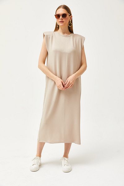 Olalook Μπεζ Κρυστάλλινο Φόρεμα - Shoulder Padded, ELB-19002086