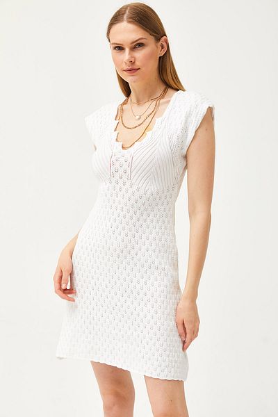 Olalook Damen Glockenkleid aus Strick mit V-Ausschnitt und Lochmuster, ecru, ELB-19002071