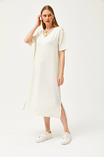 Olalook Γυναικείο εκρού φόρεμα με λαιμόκοψη σε πλάι με απαλή υφή ELB-19002063