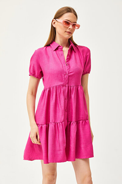 Olalook Women's Fuchsia Piece Linen Shirt Dress ELB-19002075