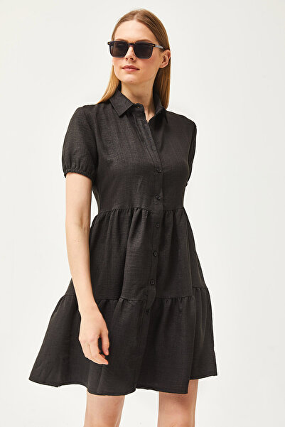 Olalook Dámské černé lněné košilové šaty ELB-19002075